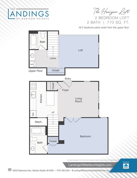 Floor plan for 2 beds, 2 baths, 775 sqft